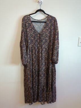 Faherty Navy Brown Floral V-Neck Maxi Dress Size Large Boho Cottage Beachy